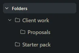 The sidebar’s Folders list with the folder Client work open to show Proposals inside it, and Starter pack.
