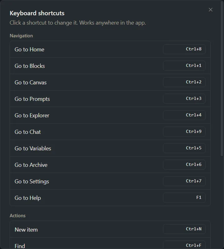 The Keyboard shortcuts window listing each action with its key combination.