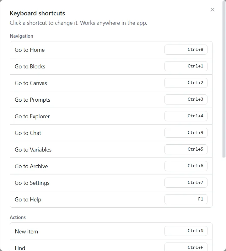 The Keyboard shortcuts window listing each action with its key combination.