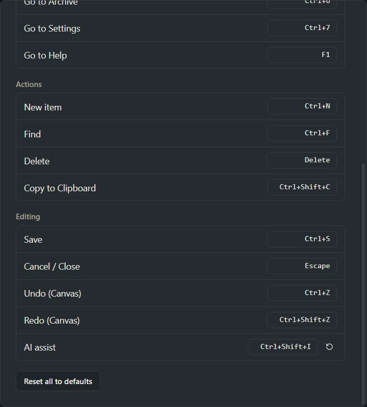 The Keyboard shortcuts window with a changed shortcut, its reset button, and Reset all to defaults.