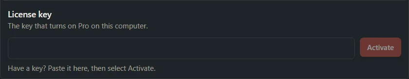 The License key row on the Plan pane with the line Have a key? Paste it here, then select Activate, a key box and an Activate button.