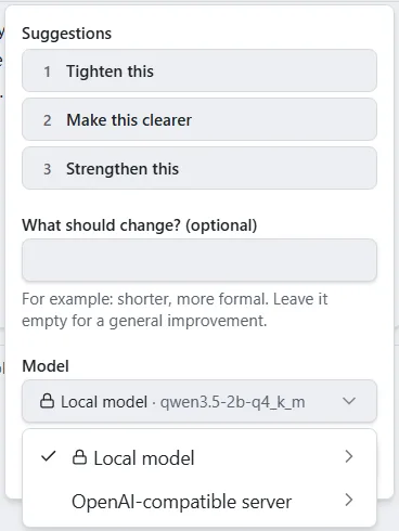 The AI assist box with the Model list open, showing Local model with a lock icon next to another provider.