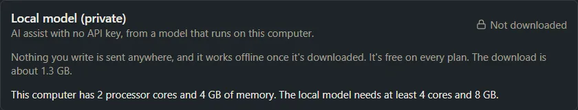 The Local model card on a small PC saying the computer needs at least 4 cores and 8 GB, with no Download button.