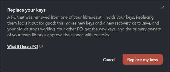 The Replace your keys window with a Replace my keys button.