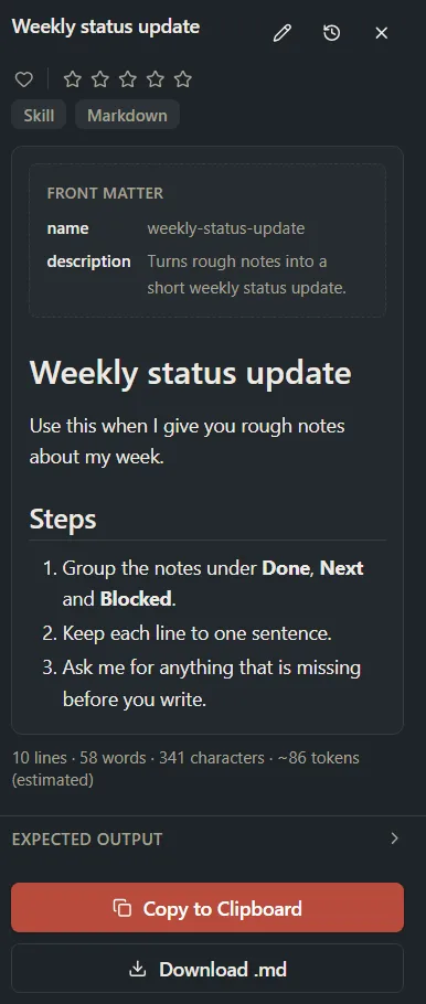 The Prompts screen with a Markdown document selected and its Copy to Clipboard and Download .md buttons.