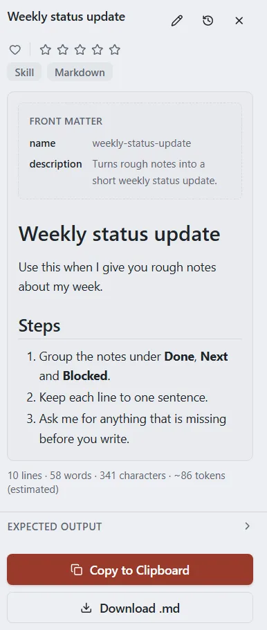 The Prompts screen with a Markdown document selected and its Copy to Clipboard and Download .md buttons.