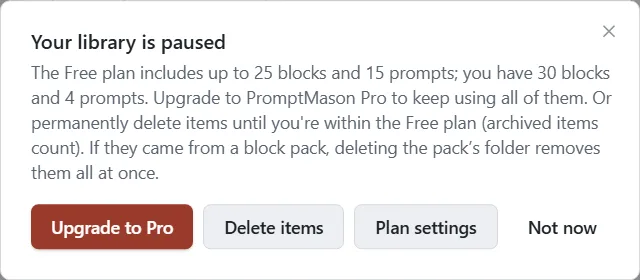 The Your library is paused window with Upgrade to Pro, Delete items and Not now buttons.