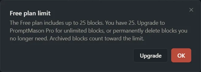 The “Free plan limit” window saying the Free plan includes up to 25 blocks, with Upgrade and OK buttons.