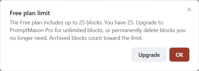 The “Free plan limit” window saying the Free plan includes up to 25 blocks, with Upgrade and OK buttons.
