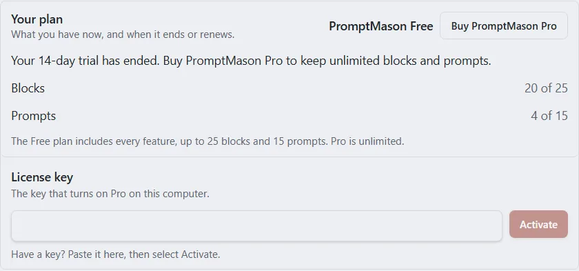 The Your plan row on the Free plan, saying the 14-day trial has ended, with 20 of 25 blocks and 4 of 15 prompts used and a Buy PromptMason Pro button, and the License key box under it.