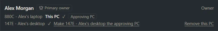 The Members list showing two of the owner’s PCs, one marked as the approving PC.