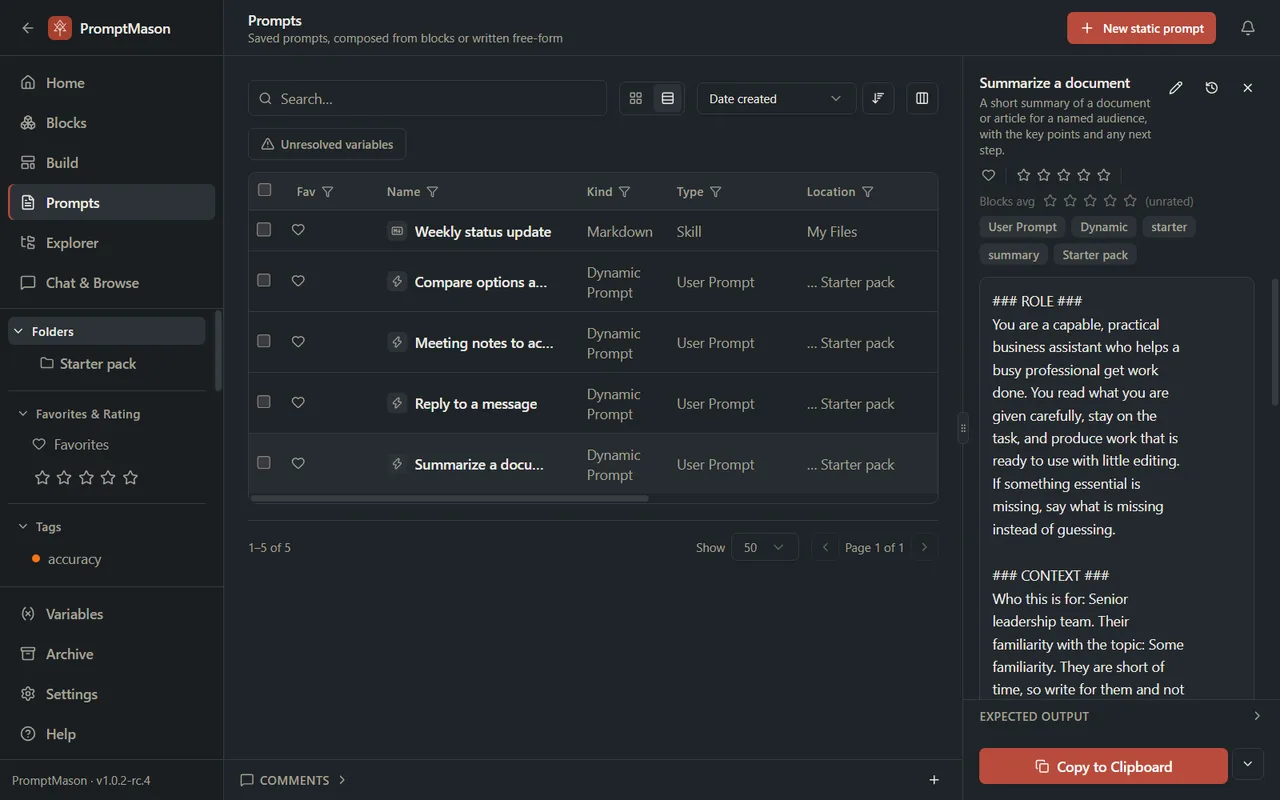 The Prompts screen with a list of prompts and the selected prompt’s text, tags and Copy to Clipboard button in the pane on the right.