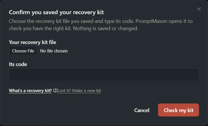 The Confirm you saved your recovery kit window with a file box, a code box and a Check my kit button.