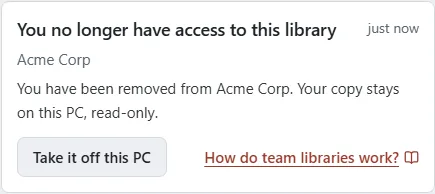 The notification telling a removed person they no longer have access, with a Take it off this PC button.