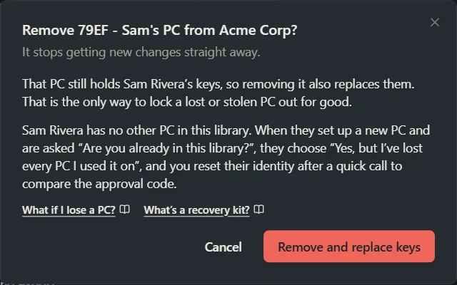 The Remove PC window explaining that the PC’s keys are replaced, with a Remove and replace keys button.