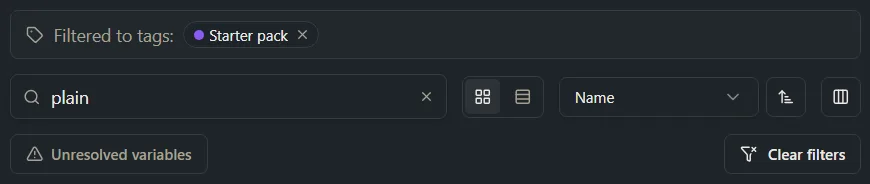 The toolbar with a search word typed and the Clear filters button visible next to a Filtered to tags bar.