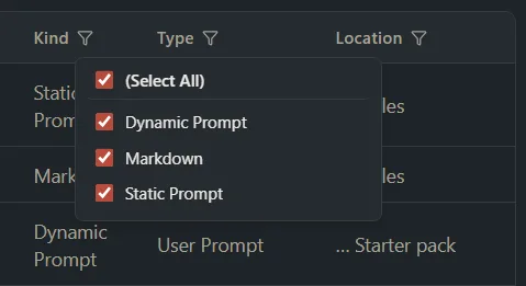 The Kind column filter menu with a tick box for each kind.