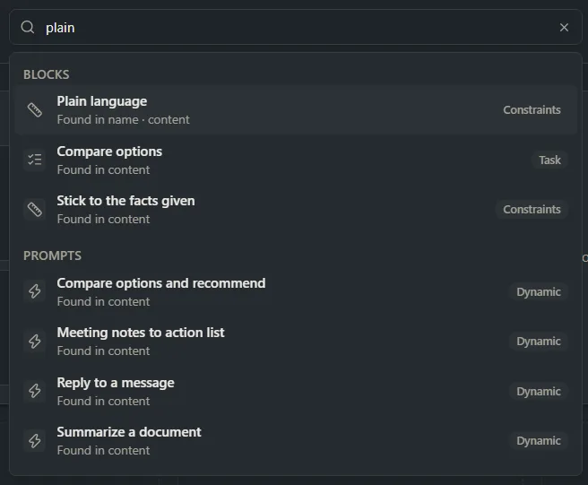 The Home search box with “plain” typed in and a list of matching blocks and prompts under it, each saying where the match was found.