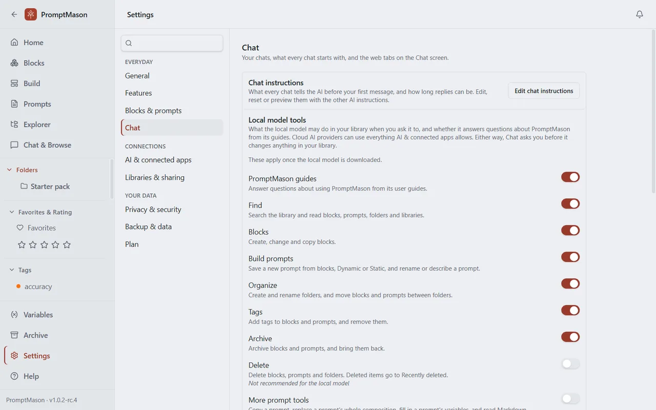 The Chat pane in Settings with chat instructions, local model tools, bookmarks and browsing history.