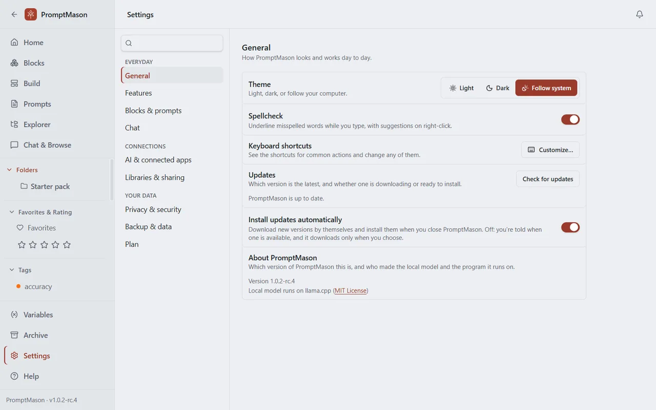 The Settings screen with the list of panes on the left and the General pane showing Theme, Spellcheck, Keyboard shortcuts, Updates, Install updates automatically and About PromptMason.