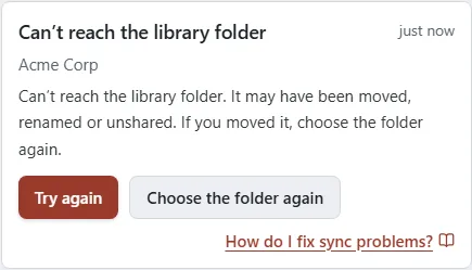 A notification saying PromptMason can’t reach the library folder, with Try again and Choose the folder again buttons.