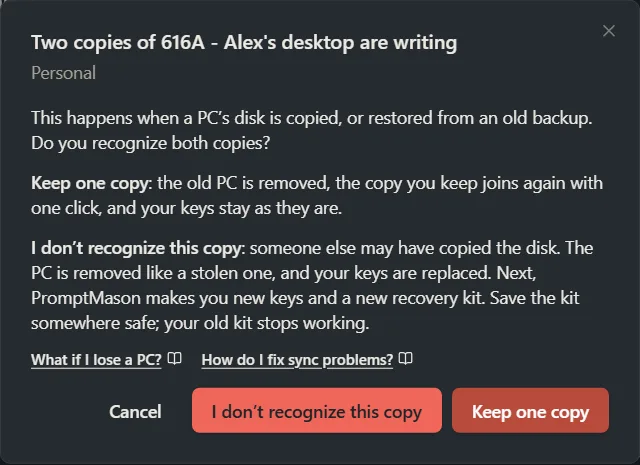 The window titled Two copies are writing with the choices Keep one copy and I don’t recognize this copy.