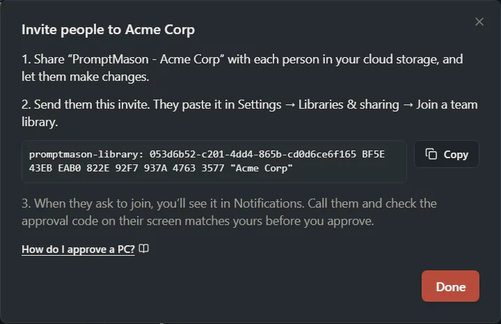 The Invite people window for a team library called Acme Corp, with the invite to send and the steps to approve each person