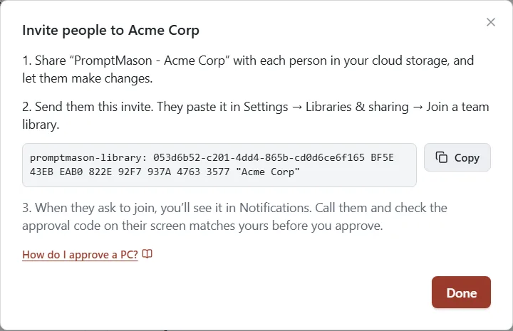 The Invite people window for a team library called Acme Corp, with the invite to send and the steps to approve each person