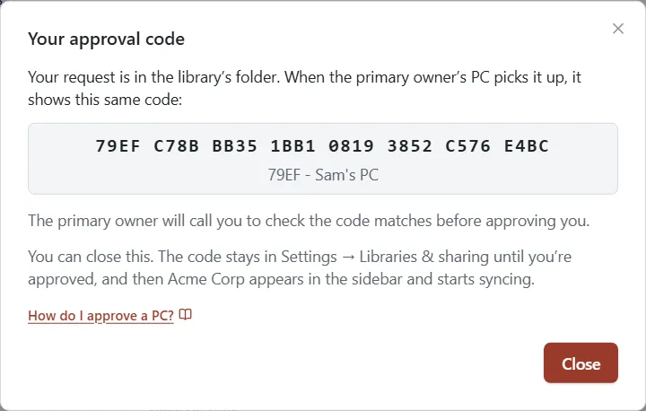 The Your approval code window with a code to read out to the primary owner.