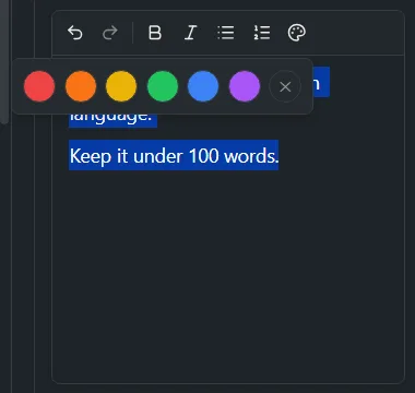 The text editor toolbar with undo, redo, bold, italic, list and text color buttons, and the color menu open.
