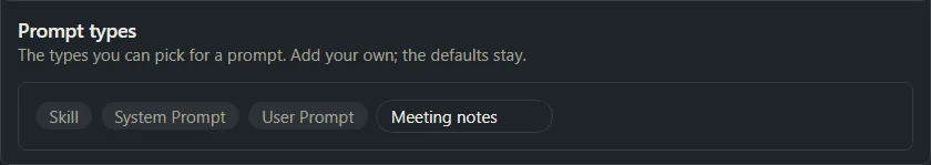 The Prompt types row with a new type being typed into a box.