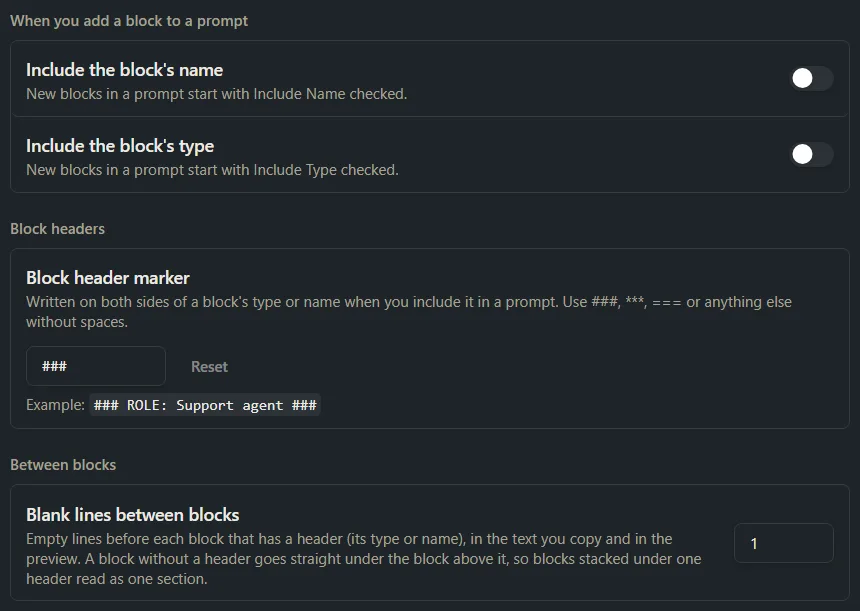 The two Include switches and the Blank lines between blocks box in Settings.