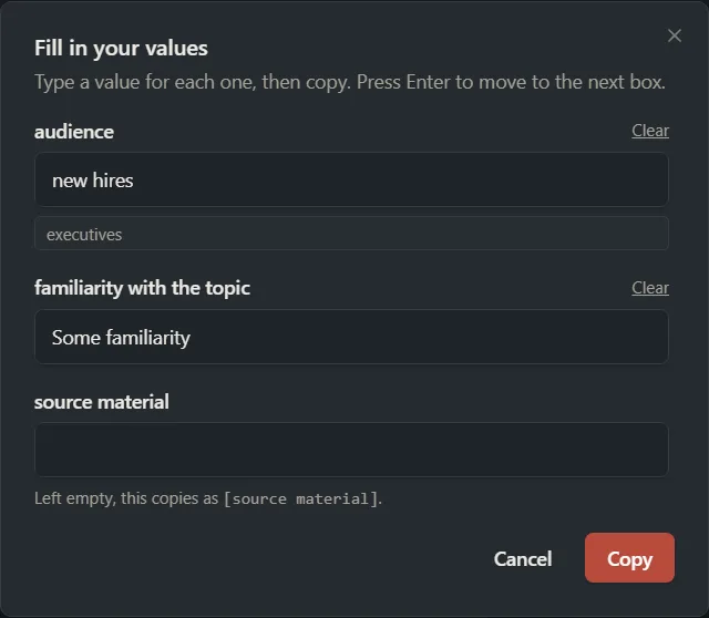 The Fill in your values window with the last value in the box and earlier values as buttons under it, next to a Clear button.