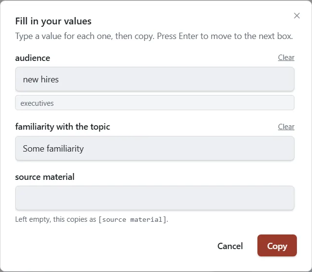 The Fill in your values window with the last value in the box and earlier values as buttons under it, next to a Clear button.