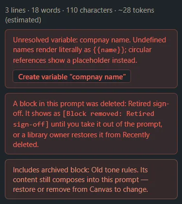 The prompt pane with warnings about an archived block, a deleted block and an unresolved variable.