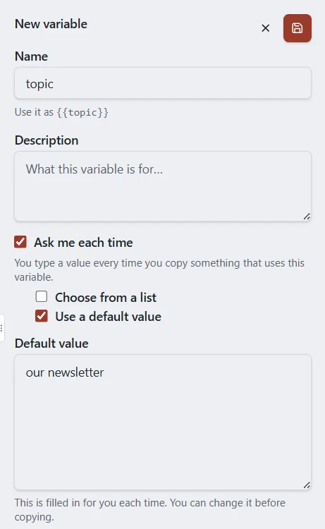 The new variable form with Ask me each time and Use a default value ticked and a default value typed.