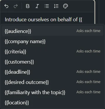 The block text box with a list of variables open after typing two curly braces.