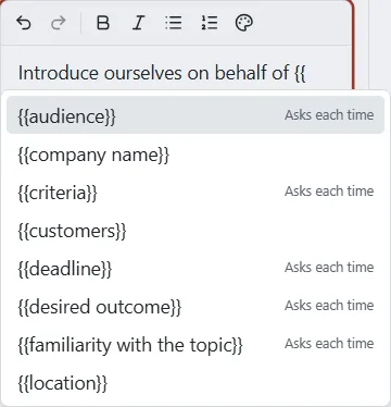 The block text box with a list of variables open after typing two curly braces.