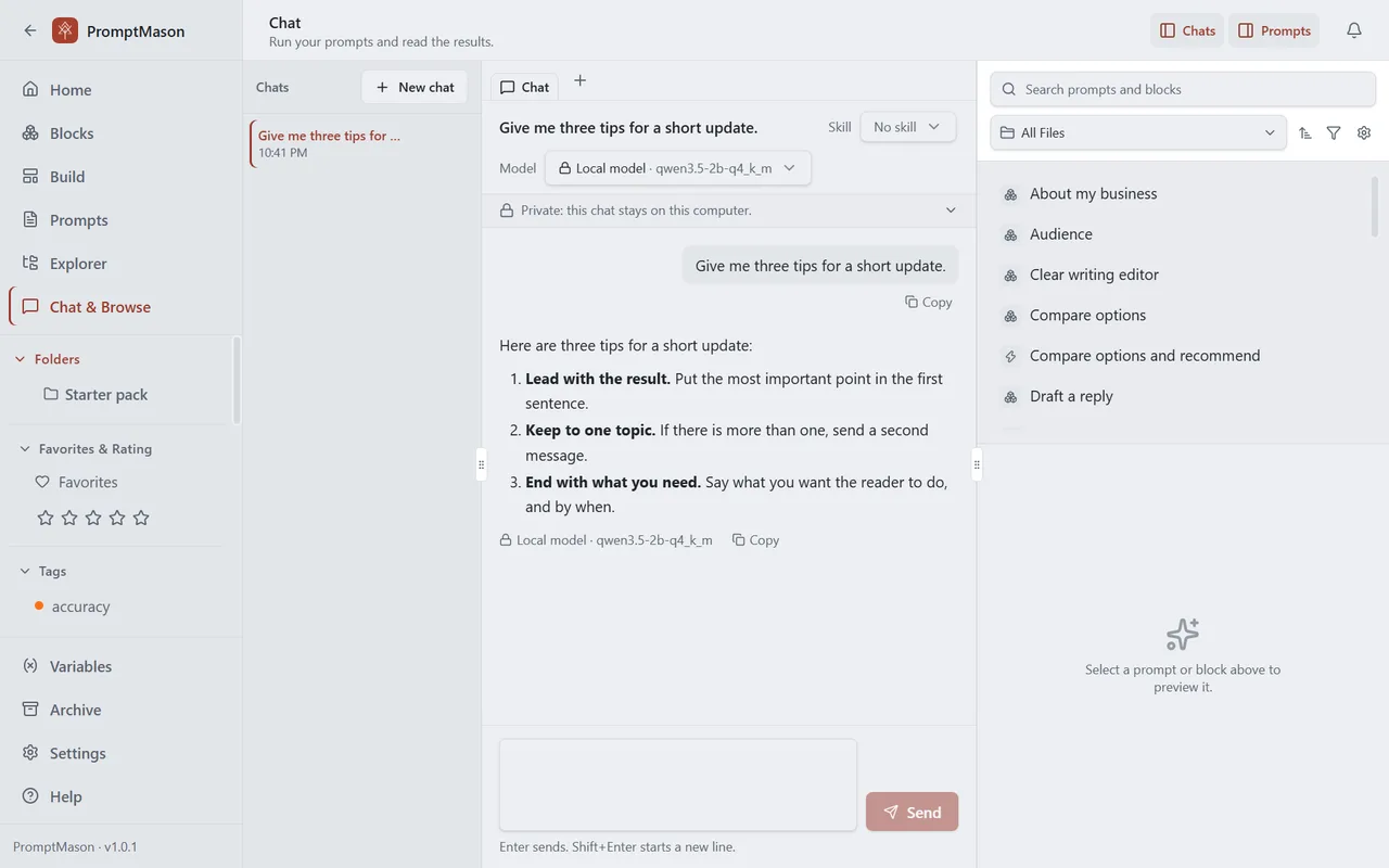 Chat on the local model, marked “Private: this chat stays on this computer”, with a three-point answer