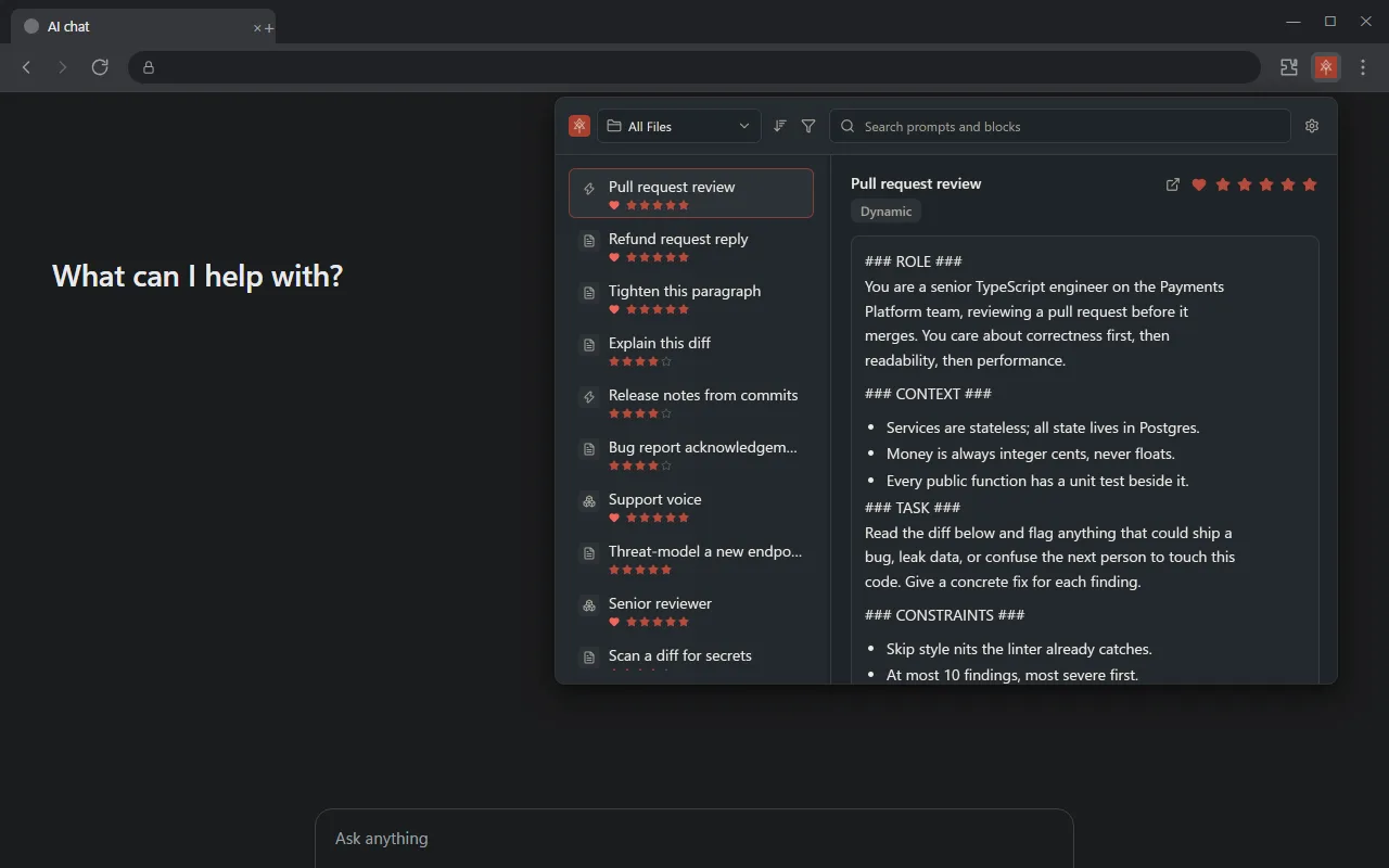 The PromptMason Chrome extension open from Chrome’s toolbar over a web page: search and folders at the top, a list of prompts, and the chosen prompt ready to copy
