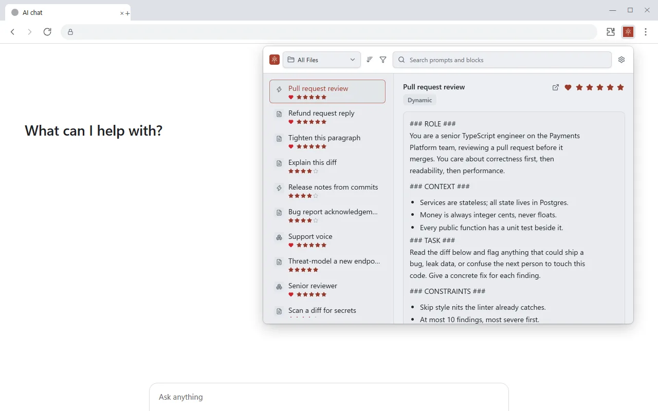 The PromptMason Chrome extension open from Chrome’s toolbar over a web page: search and folders at the top, a list of prompts, and the chosen prompt ready to copy