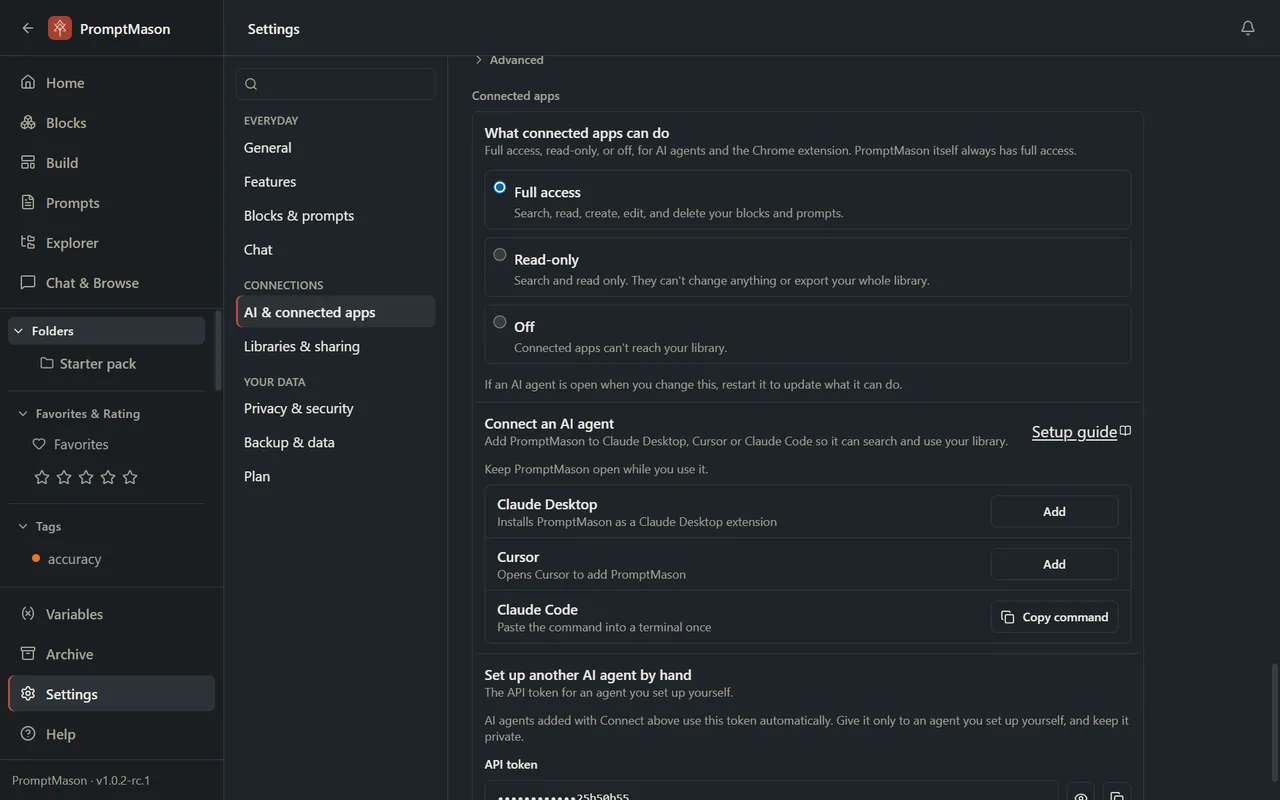 PromptMason's Settings, AI & connected apps: what connected apps can do (full access, read-only or off), and Claude Desktop, Cursor and Claude Code ready to add