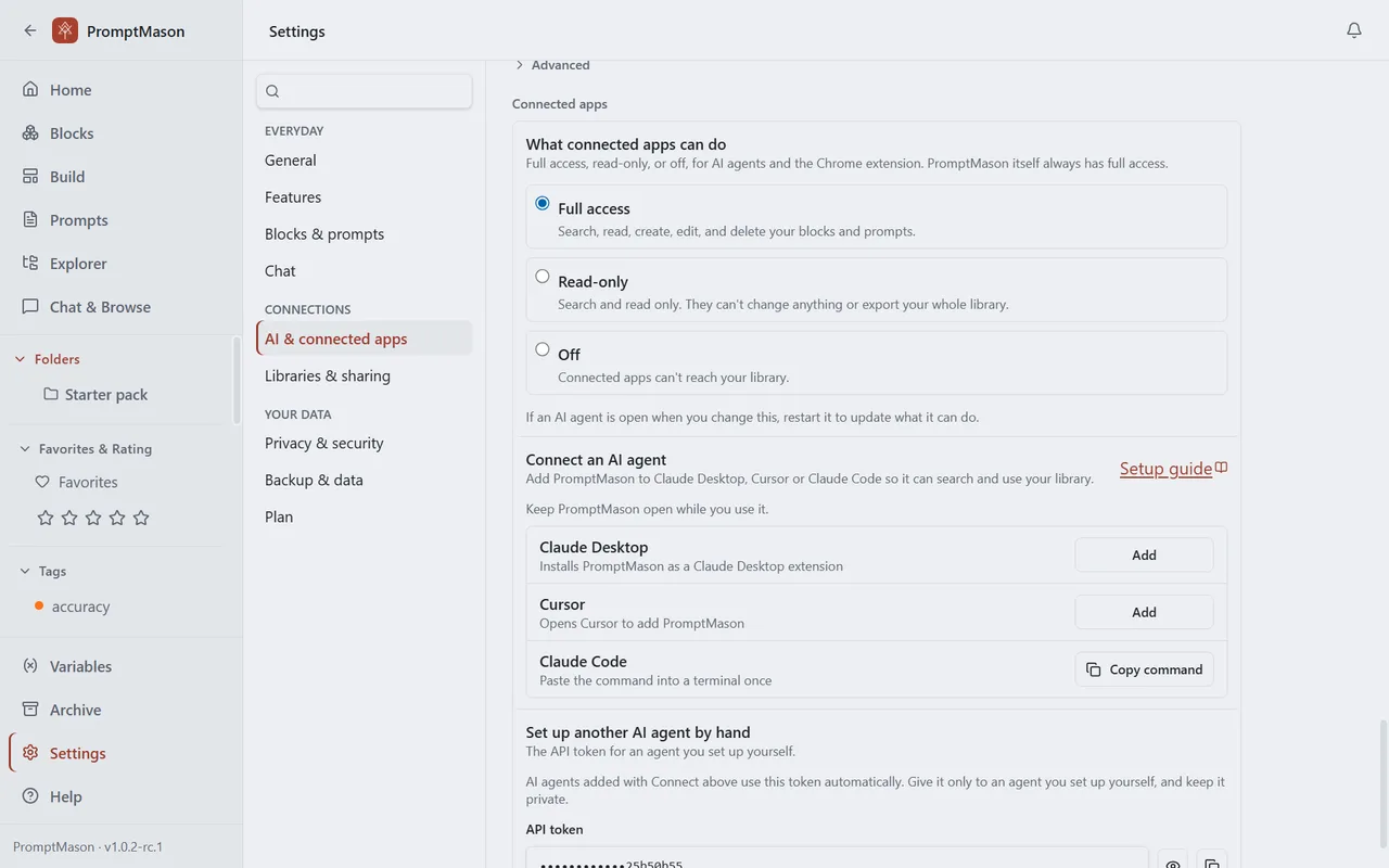 PromptMason's Settings, AI & connected apps: what connected apps can do (full access, read-only or off), and Claude Desktop, Cursor and Claude Code ready to add