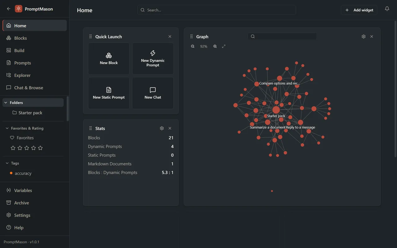Home with Quick Launch, the library’s counts, and a graph of how its blocks and prompts connect.