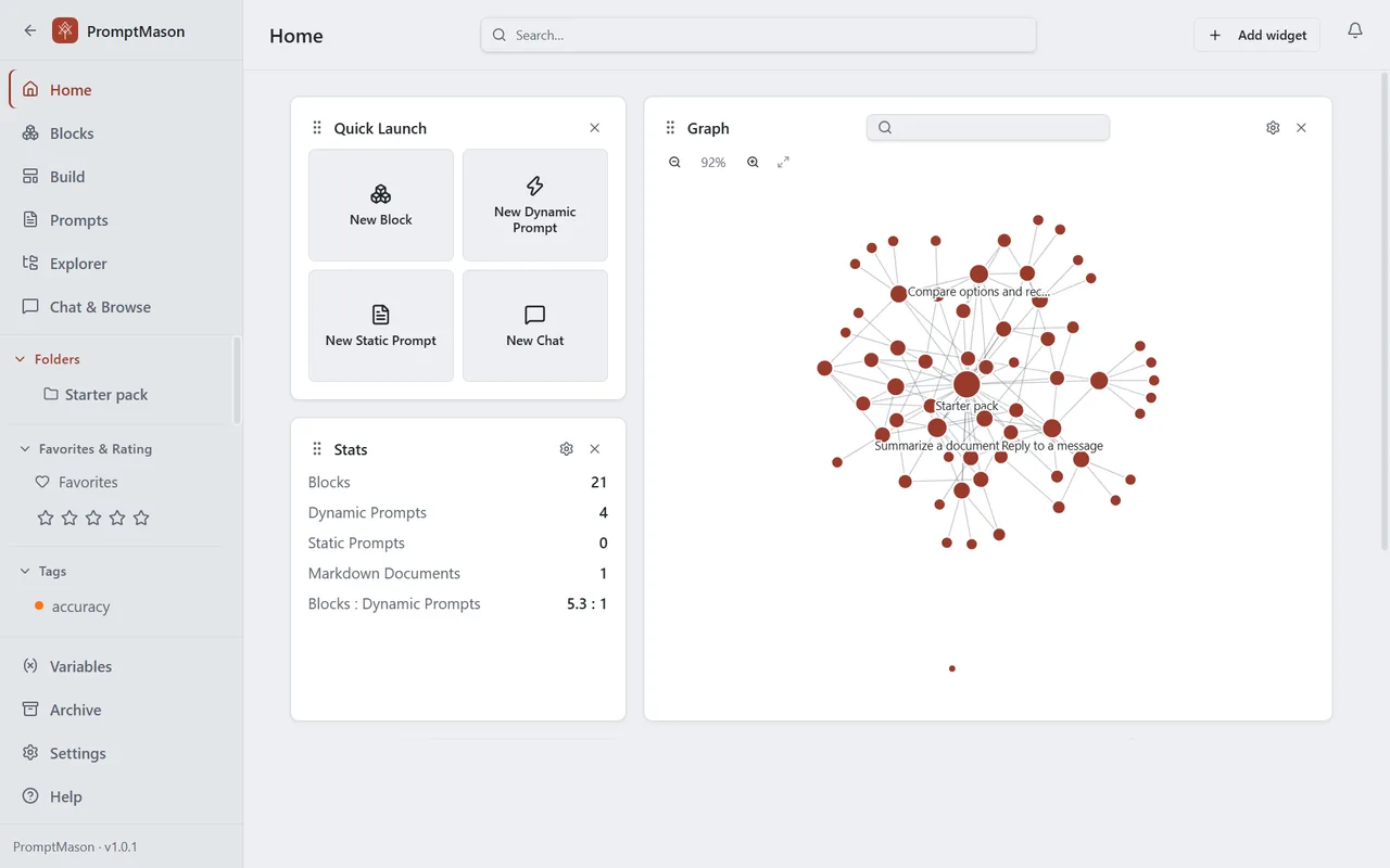 Home with Quick Launch, the library’s counts, and a graph of how its blocks and prompts connect.