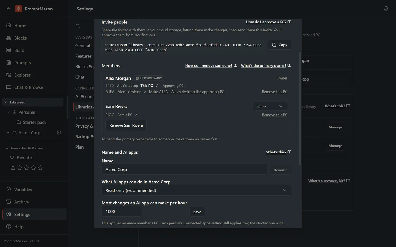 The Manage window of a team library called Acme Corp: the invite to send, and its members with their roles and PCs