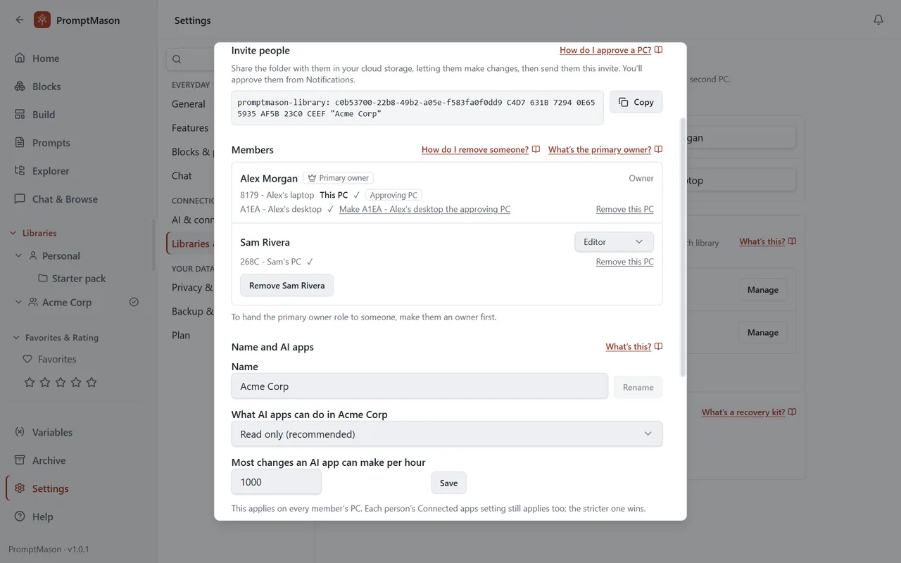 The Manage window of a team library called Acme Corp: the invite to send, and its members with their roles and PCs