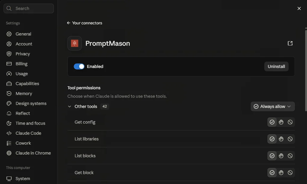 Claude Desktop’s settings with the PromptMason connector enabled, and the library tools Claude can use, such as List libraries and Get block